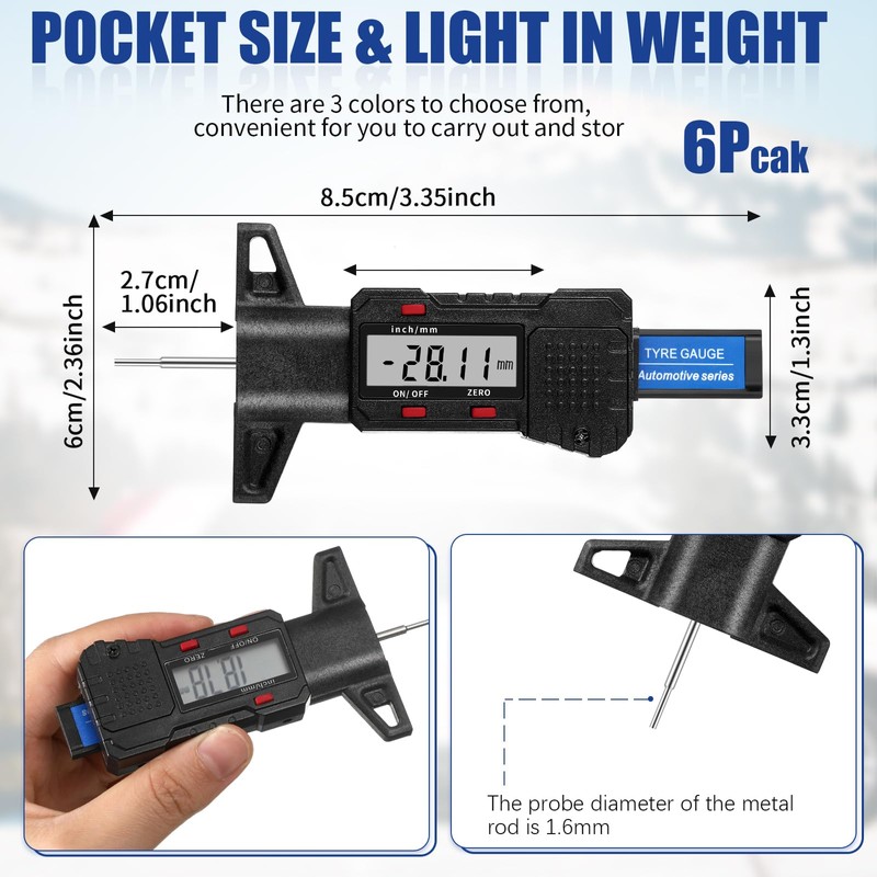Frienda 6 Pieces Tire Tread Depth Gauge Tool Digital LCD