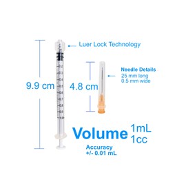 100 Pack 1mL (1cc) Disposable Sterilized Syringe, 25G X 1, Luer Lock Pyrogen Free, Latex Free