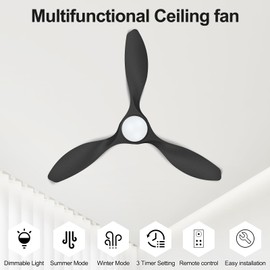 ocioc 42 inch Ceiling Fans with Lights and Remote, Dimmable Ceiling Fans with Reversible Quiet DC Motor, Flush Mount, 3CCT, Black Ceiling Fan for Bedroom Living Room Indoor/Outdoor
