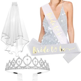 Crown + Bride to Be Sash + Veil Set, Bachelorette Party Favors Bridal Shower Decorations Bride to Be Gifts Wedding Veil Tiara Bachelorette Veil Bridal Shower for Bride Sash Bachelorette Sash