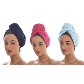 Keanu Pack of 3 Luxury Hair Turban Towels, Hair Drying Towel with Loop and Button Fastener, 100% Cotton, 64 x 23cm - Black, Fuchsia, Aquamarine