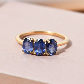 TJC Masoala Blue Sapphire Three Stone Ring In Yellow Gold Plated 925 Sterling Silver for Women Size S Prong Setting September Birthstone