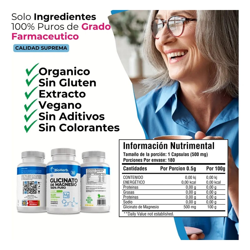 BioHerb Glicinato de Magnesio de 500 mg (Rinde Hasta 1