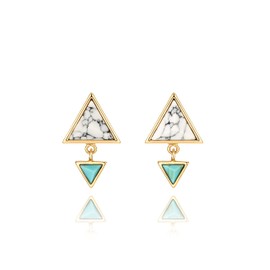 White Simulated Howlite and Simulated Turquoise Double Triangle Minimal Dangle Stud Earrings