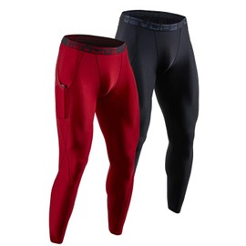 DEVOPS 2 Pack Men's Compression Pants Athletic Leggings with Pocket (2X-Large, Black/Red)