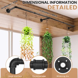 Honeydak 2 Pcs 72.05 x 10.63 Inch Plant Hanging Rod with 6 Hooks Metal Plant Hanger Indoor Hanging Plant Holder Window Plant Shelves Hanging Planters Wall Mount Planter Bar for Ceiling Garden, Black