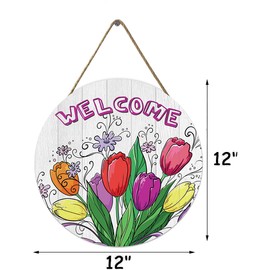 VELLOW Welcome Spring Summer Tulip Flowers Front Door Sign, Outdoor Porch Decor, Seasonal Farmhouse Wooden Wreath Indoor Wall Decor 12x12 inch