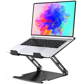 Glangeh Laptop Stand Aluminum Sturdy, Laptop Riser for Desk with Adjustable Heights/Angles, Double Rotation Axis Ergonomic, Ventilated Computer Stand Compatible with MacBook Pro Dell HP (10-16")-Black