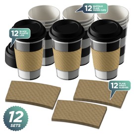 Live It Up! Party Supplies Disposable Coffee or Hot Chocolate Cups - Red and Black Buffalo Plaid (Buffalo Plaid, 12-ct with Blank Kraft Sleeves)