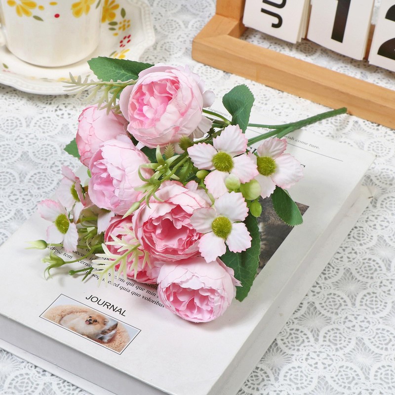 DEMIUKO 6 Bunches Peony Artificial Flowers Small Bouquets Pink Wedding