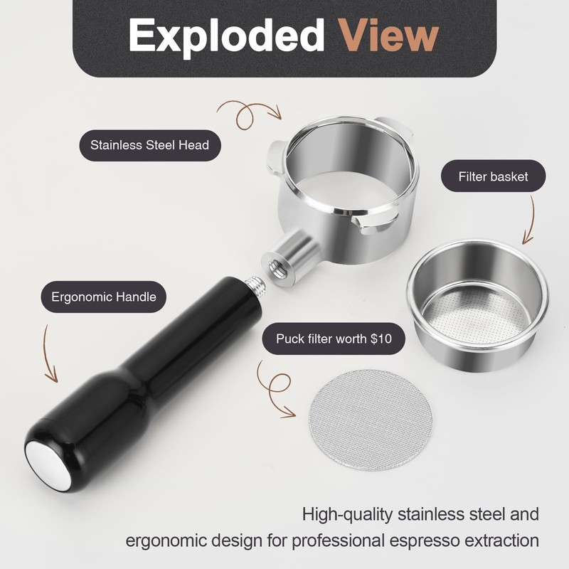 WhaleSiper 51mm Bottomless Portafilter & Puck Screen, 3-Ear Stainless Head,