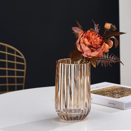 TIMEFOTO Flower Vase 7 inch Amber Glass Vase Thickened Hand Blow Round Vintage Striped Bottles for Home Decor,Bookshelf, Tabletop,Indoor Office Desk,Bathroom