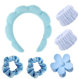 Esther Spa Headband and Wrist Bands Set with Hair Clip and Scrunchies,Skincare Headbands for Washing Face and Makeup,Trendy Stuff Hair Accessories for Women and Girls in Gift Box (Blue)