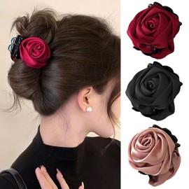 3 Pcs Retro Satin Rose Hair Claw Clip for Women Rose Flower Nonslip Jaw Clip Floral High Ponytail Hold Strong Hair Clamps Thick Thin Shark Hair Clips for Hair Styling Hair Accessories
