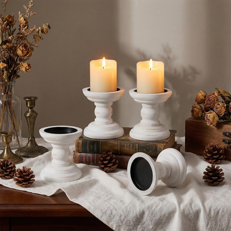 4 Pcs Wood Pillar Candle Holder Rustic White Candle Holder