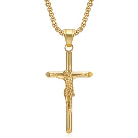 immerFancy Stainless Steel Chunky Cross Necklace for Men Trendy 18K Gold Plated Catholic Crucifix Pendant Necklace for Women with Rope Chain Mens Christian Religious Faith Jewelry Gift, 24 inch