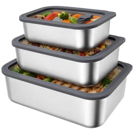 3 Pcs Stainless Steel Food Storage Containers with Glass Lids, Set of 3 (35+63+111 oz), Leak-Proof lunch storage containers with Vented, Metal Lunch Boxes for Fridge Storage, Lunch, Fruit, Leftovers