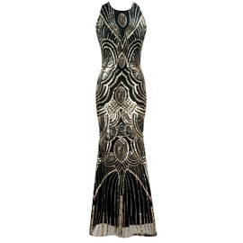 Women Evening Floral Dress 1920s Sequin Flapper Cocktail Mermaid Formal Gown with 20s Gatsby Accessories Set (Style L 5 Black Gold, X-Large)