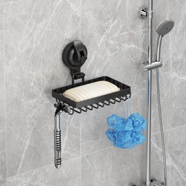 Suction Cup Soap Holder Soap Dish with Hooks for Razor, Sponge, 304 Stainless Steel, Black