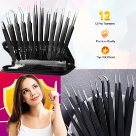 Tweezers 12 Pack, Precision Tweezer Set for Women, Stainless Steel Tweezers Kit for Eyebrow, Jewelry - with Case