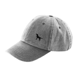 THE HOUSE OF DOG: Black Labrador Retiever Owner Gift. Distressed Vintage Washed 100% Heavyweight Brushed Cotton Embroidered 6 Panel Low Profile Baseball Cap. Grey