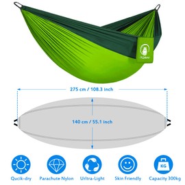 Nasharia travel camping hammock, (275 x 140 cm) breathable, quick-drying parachute nylon, 2 x premium carabiners, 2 x nylon loops included, for outdoors, indoors, gardens