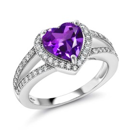 Gem Stone King 2.31 Cttw Purple Amethyst and White Moissanite Ring For Women | 925 Sterling Silver | Gemstone February Birthstone | Heart Shape 8MM | Available In Size 5,6,7,8,9