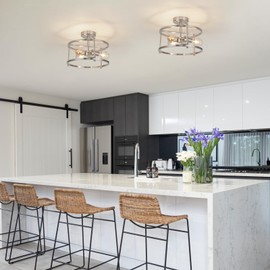 foucasal Semi Flush Mount 3-Light Modern Kitchen Light Fixtures - Brushed Nickel Metal Cage Ceiling Lights for Bedroom, Dining Room, Living Room, Hallway, Foyer