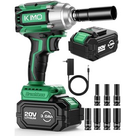 K I M O. Cordless Impact Wrench, Max Torque 406ft-lbs (550N.m) & 3000RPM, Premium Brake Stop, 1/2 lmpact Gun with 3000mAh Li-ion Battery, 7Drive lmpact Sockets, Fast Charger Impact Drill for Car Tires