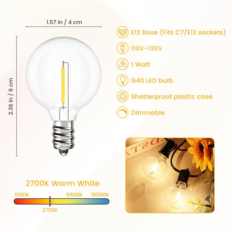 Svater Replacement Bulbs for Outdoor String Lights, 25 Pack G40