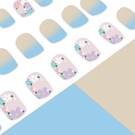 24PCS Colourful Flower Press on Nails Short Square Spring Fake Nails Gradient Designs Acrylic Nails French Tip Floral False Nails Glue on Nails Cute Full Cover Glossy Artificial Nails for Women Girls