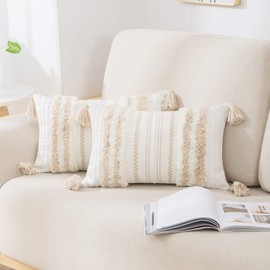 decorUhome Boho Khaki Cushion Covers 30x50cm Set of 2, Decorative Tufted Tassel Woven Pillow Case for Sofa Couch 12x20 Inch