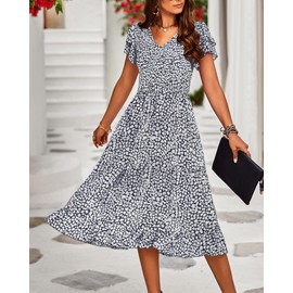 BTFBM Women Casual Summer Short Ruffles Tiered Sleeve Smocked Midi Dresses Bohemian Floral V Neck Wedding Guest Long Dresses
