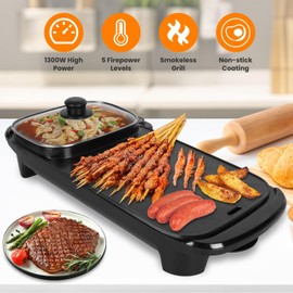 Hot Pot with Grill, 1300W 2 in 1 Korean BBQ Grill Shabu Shabu Hot Pot Korean BBQ Grill Shabu Shabu Hot Pot Electric Hot Pot with Grill Smokeless Non-Stick with 5 Firepower Levels for 2-8 People