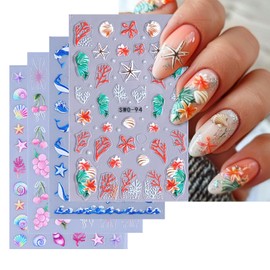 Summer Nail Art Stickers 3D Self-Adhesive Nail Decals Seashell Starfish Whale Sticker for Nails Designs Cherry Grapes Fruit Nail Stickers Ocean Nail Art Supplies for Women (4 Sheets)
