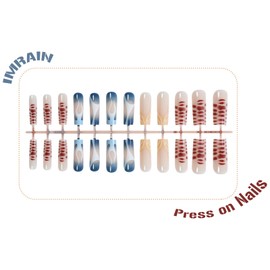 IMRAIN Press on Nails Long Square Fake Nails with French Tips Ombre & Crocodile Print Designs Full Cover Glue on Nails Glossy Blue Yellow Acrylic Nails Press ons Stick on Nails for Women 24Pcs