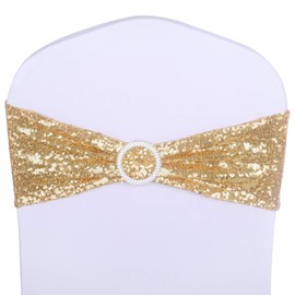 ANMINY Pack of 50 All Around Sequin Chair Sashes with Bows Stretchy Spandex Decorative Shiny Sparkly Sash Band for Banquet Chair Cover Romantic Wedding Party Ceremony Home Decoration, Light Gold