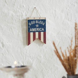 VHC Brands Patriotic God Bless America Dovetail Flag MDF Wall Hanging 8x6, Independence Day Decor, Decorative Sign, Rustic Farmhouse Fourth of July Decorations, Light Tan, Patriot Blue, Merlot Red