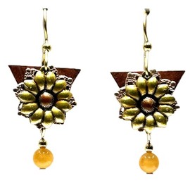 Silver Forest Gold Flower on Filigree & Diamond with Bead Drop Pierced Earrings E-7825A