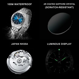 CADISEN Automatic Watch Men's NH35 Mechanical Automatic Watch Sapphire Glass Ringing Waterproof Homage, 8231 Blue, Bracelet