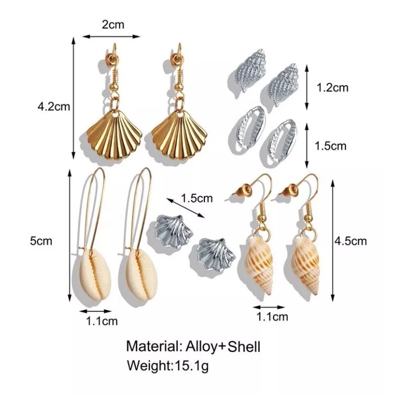 Deluxe Set Aretes 6 En 1 Playeros Concha Joyería Plateados