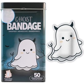 BioSwiss Vendas, vendaje autoadhesivo con forma de fantasma de Halloween, cuidado de heridas estéril sin látex, suministros divertidos de botiquín de primeros auxilios para niños, 50 unidades
