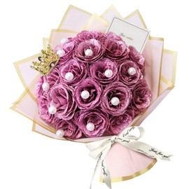 24pcs Pink Glitter Roses Bouquet,DIY Artificial Flower Bouquet Kit with Fake 12 pearls flower wrapping papers,Stems Cards for Gifts Valentine's Day, Anniversary, Birthday, Wedding, Graduations