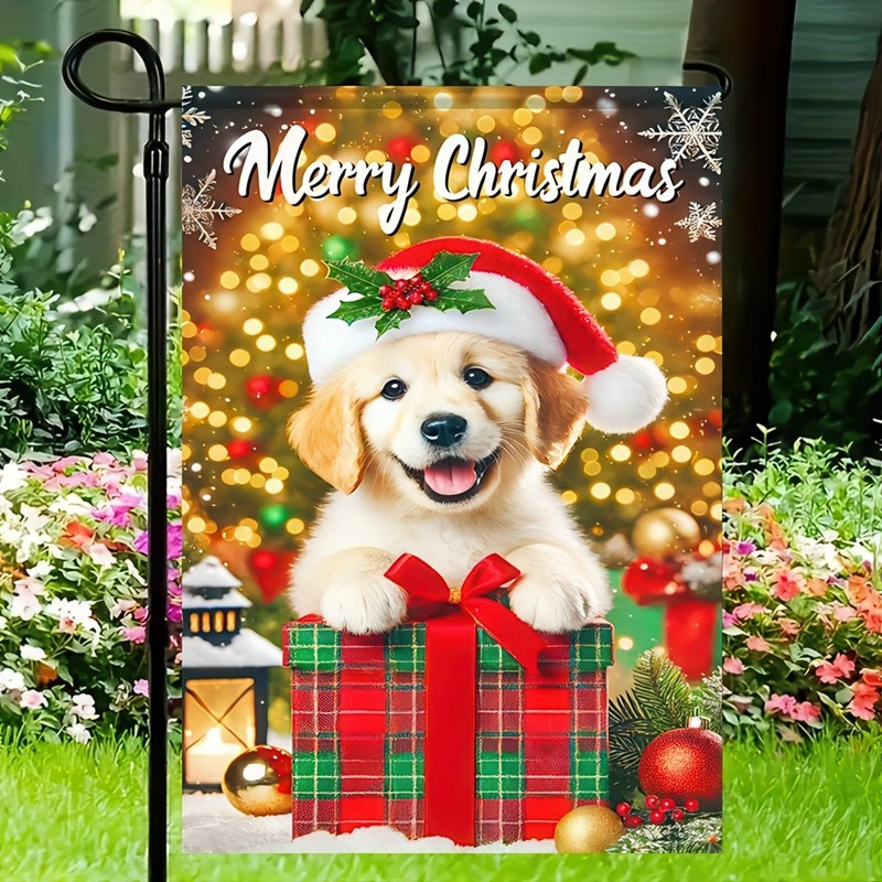 BlissYard Merry Christmas Garden Flag 12x18 Flag Golden Retriever Puppy