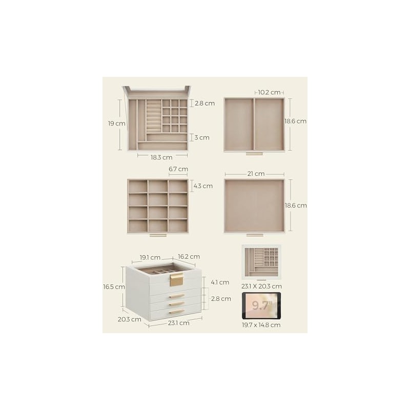 SONGMICS Caja de Joyas, 4 Niveles, Tapa de Cristal, 3