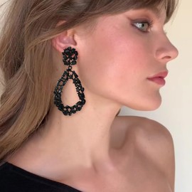 Flyonce Women's Crystal Open Hoop Oval Drop Statement Pierced Dangle Earrings Black Black-Tone