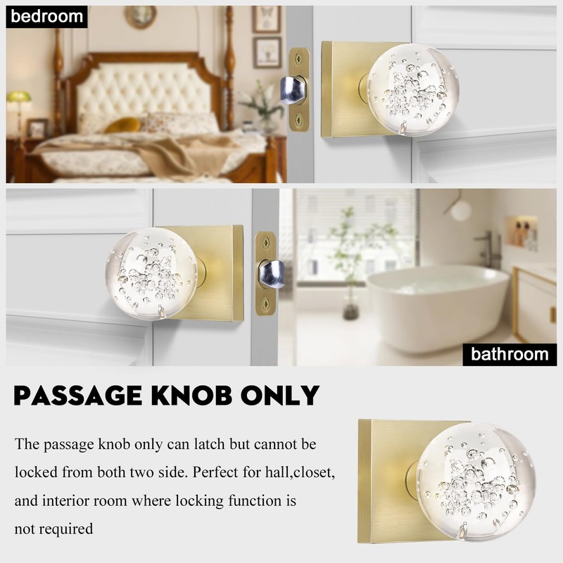 HIEMEY Passage Glass Door Knobs Interior, Round Clear Bubble Crystal