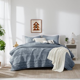 WDCOZY Boho Blue Grey Quilt King Size Bedding Sets with 2 Pillow Shams, Farmhouse Lightweight Soft Bedspread Coverlet for All Season, 3 Pieces, 104x90 inches