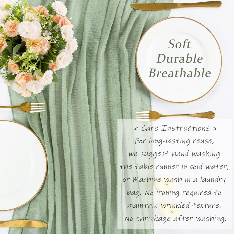 SAJOO Sage Green Cheesecloth Table Runner 10ft Boho Gauze Table