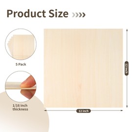 Balsa Wood Sheet, 5 Pack Plywood Sheets, Basswood Sheets 12X12X1/16 Inch, Unfinished Wood Boards Blanks for Laser Cutting, Engraving, Burning, Crafts